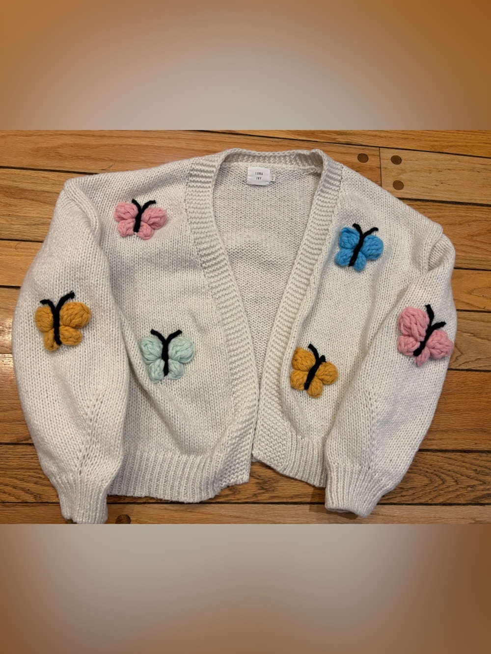 Luna Ivy White Women's Knit Cardigan with Colorful Butterfly Appliqués medium